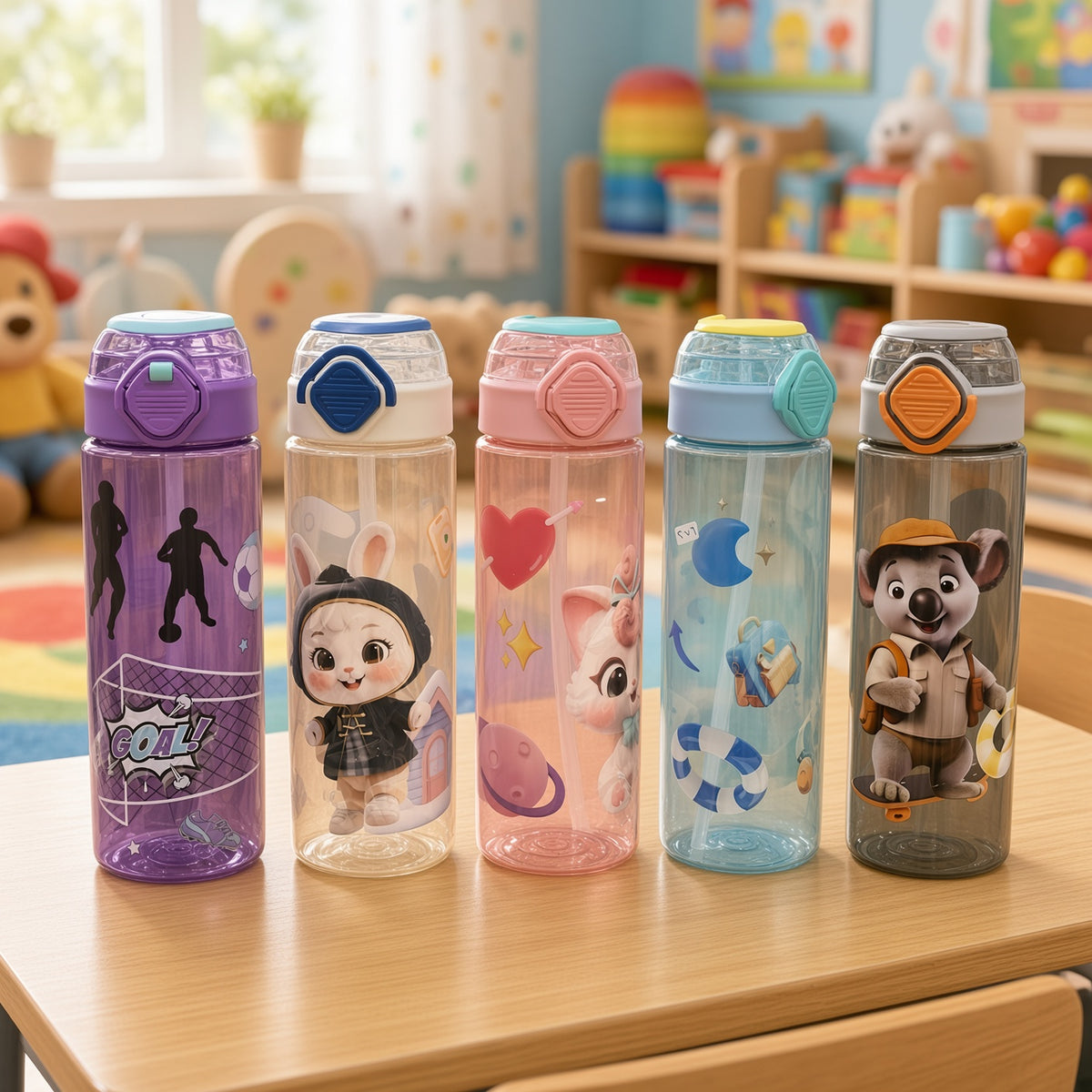 Kids Cartoon Water Bottle with Built-In Straw & One-Touch Flip Lid – 750ml - 1pcs - Assorted Color