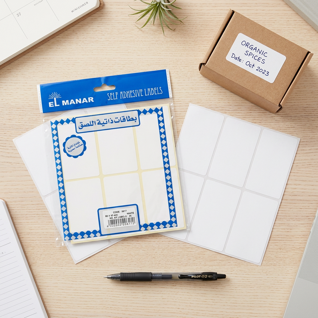 El Manar large white blank labels pack flatlay with handwritten box label