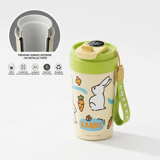 450ml Smart Temperature Display Ceramic-Lined Insulated Travel Mug – Rabbit Design, Leakproof Coffee Cup