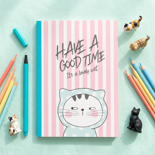 M&G Chenguang So Many Cats glued B5 notebook flatlay with pen, colored pencils and cat figurines