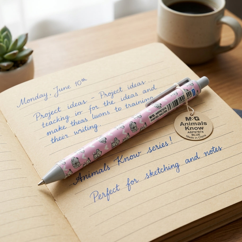 M&G Chenguang Animals Know Retractable Ballpoint Pen, 0.5 mm Fine Point, Cute Animal Print, Smooth Writing – Blue Ink - Assorted Color - 1pcs - No:ABP87974