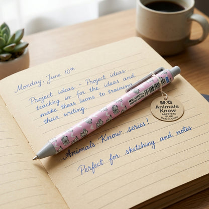 M&G Chenguang Animals Know Retractable Ballpoint Pen, 0.5 mm Fine Point, Cute Animal Print, Smooth Writing – Blue Ink - Assorted Color - 1pcs - No:ABP87974
