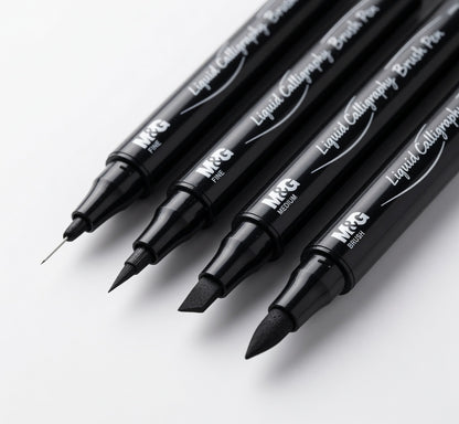M&G Chenguang Professional Calligraphy Brush Pen Set – 4 Black Pens (Extra Fine, Fine, Medium & Brush Tips) | Waterproof Ink - No: HARP2574