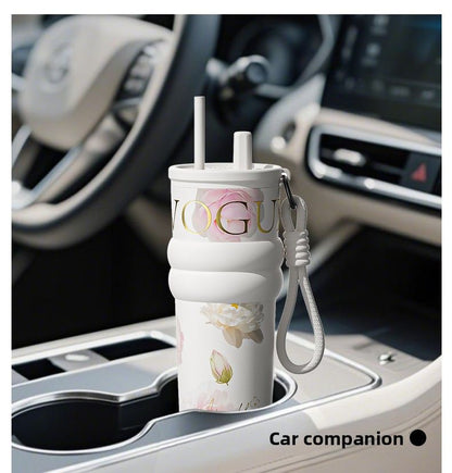 710ml Vacuum Insulated Tumbler with Straw & Handle – Leakproof Stainless Steel Travel Cup with Carry Strap