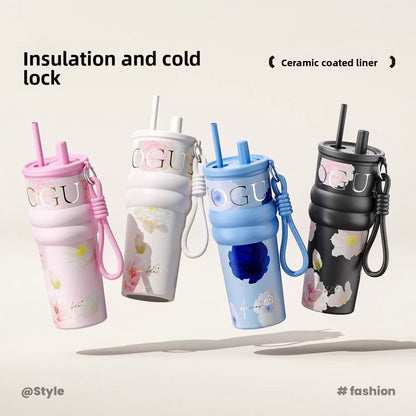 710ml Vacuum Insulated Tumbler with Straw & Handle – Leakproof Stainless Steel Travel Cup with Carry Strap