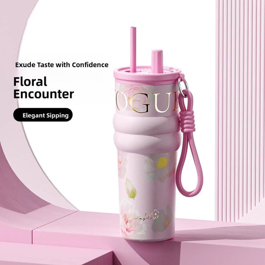 710ml Vacuum Insulated Tumbler with Straw & Handle – Leakproof Stainless Steel Travel Cup with Carry Strap