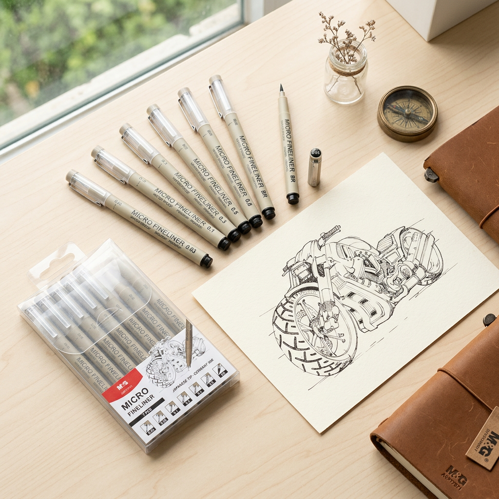 M&G set of 7 micro fineliner drawing pens flatlay with line-art sketch