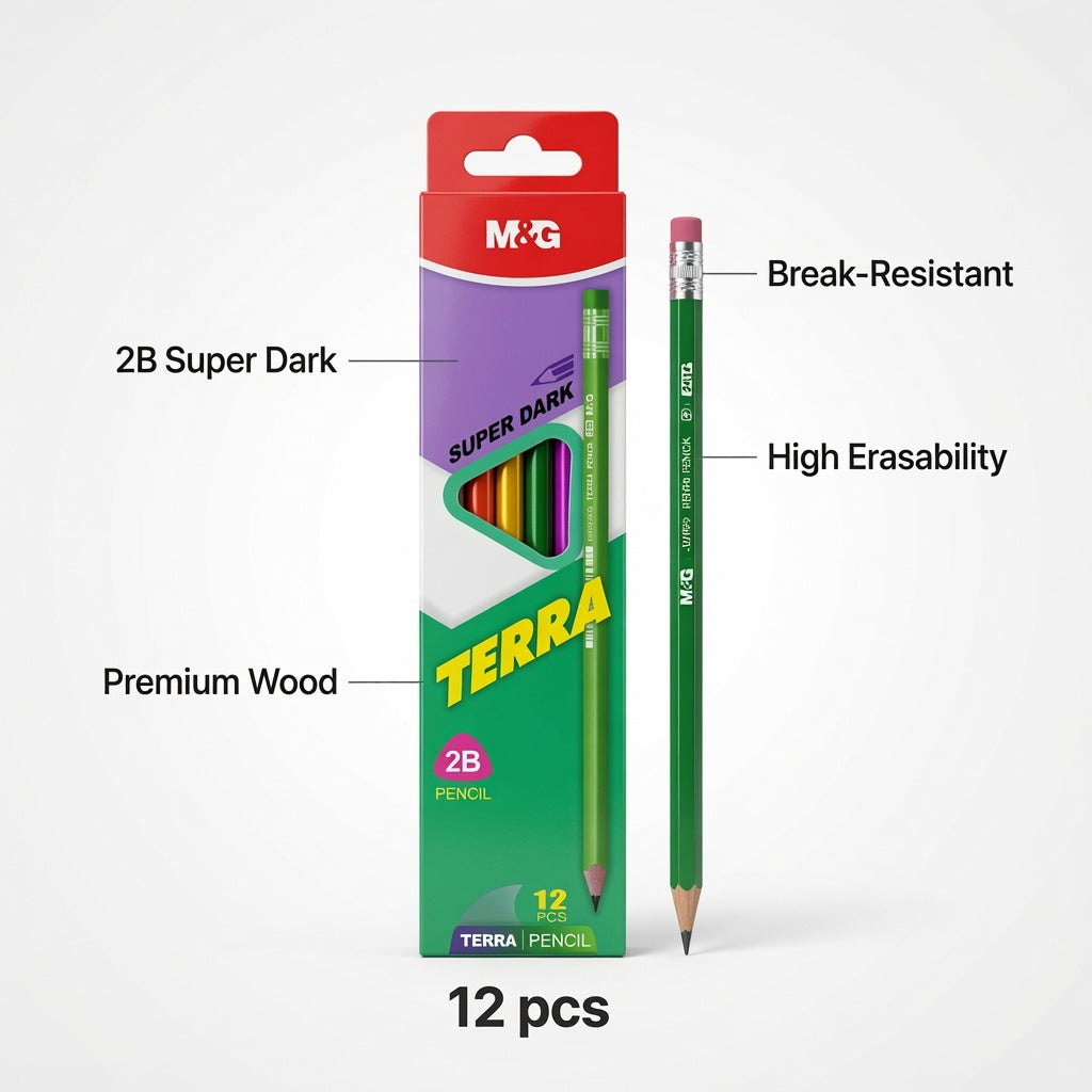 M&G Chenguang Terra 2B Wooden Pencils With Eraser – Premium Super Dark Graphite Pencils, Break-Resistant, Pack of 12 - No: AWP309D0
