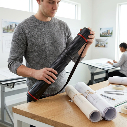Person holding the black telescoping drafting tube with rolled drawings in a studio