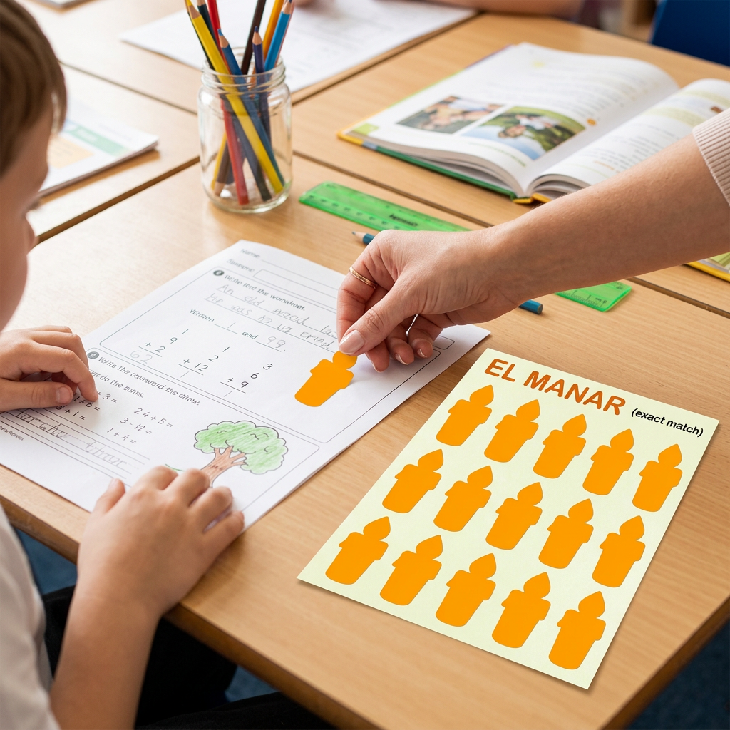 Teacher placing an El Manar orange candle reward sticker on a worksheet
