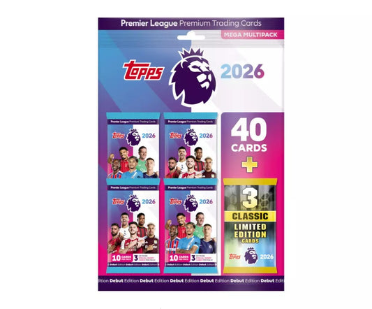 Topps Premier League 2025/2026 Collectible Football Trading Cards, Mega Multipack with 40 Cards, 3 or more Special Insert Cards per Pack + 3 Classic Limited Edition Cards