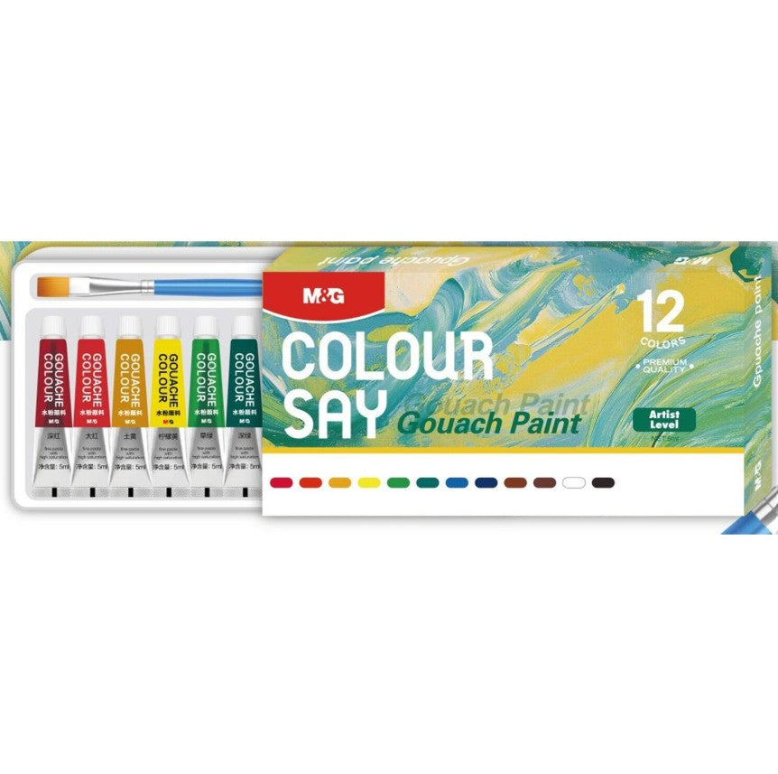 M&G Colour Say Gouache Paint set with 12 colors on a white background