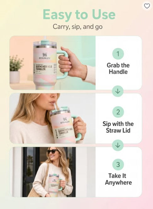 Stanley Quencher H2.0 40 oz (1.18L) – Vacuum Insulated Stainless Steel Travel Mug with Handle & Lid | – Pastel Marble Design