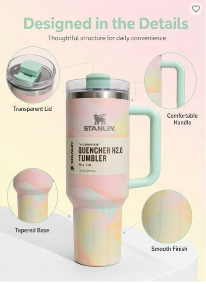 Stanley Quencher H2.0 40 oz (1.18L) – Vacuum Insulated Stainless Steel Travel Mug with Handle & Lid | – Pastel Marble Design