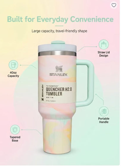 Stanley Quencher H2.0 40 oz (1.18L) – Vacuum Insulated Stainless Steel Travel Mug with Handle & Lid | – Pastel Marble Design