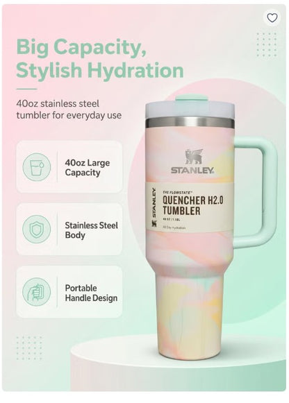 Stanley Quencher H2.0 40 oz (1.18L) – Vacuum Insulated Stainless Steel Travel Mug with Handle & Lid | – Pastel Marble Design
