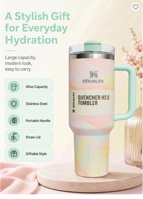 Stanley Quencher H2.0 40 oz (1.18L) – Vacuum Insulated Stainless Steel Travel Mug with Handle & Lid | – Pastel Marble Design