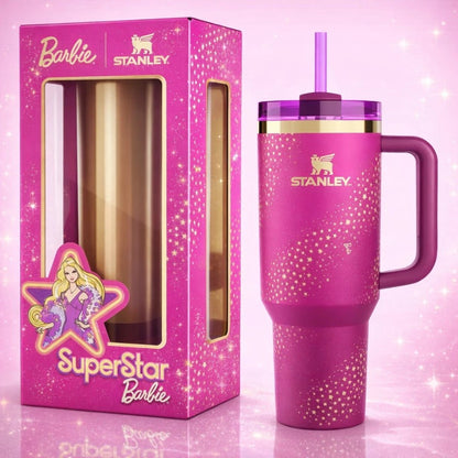 Stanley x Barbie Superstar Quencher H2.0 40 oz (1.18L) Insulated Tumbler with Handle & Straw Lid – Pink Limited Edition Gift Box