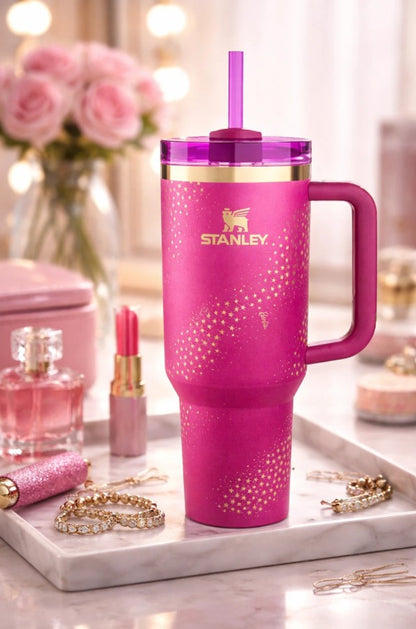 Stanley x Barbie Superstar Quencher H2.0 40 oz (1.18L) Insulated Tumbler with Handle & Straw Lid – Pink Limited Edition Gift Box
