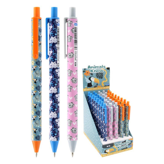 M&G Chenguang Animals Know Retractable Ballpoint Pen, 0.5 mm Fine Point, Cute Animal Print, Smooth Writing – Blue Ink - Assorted Color - 1pcs - No:ABP87974