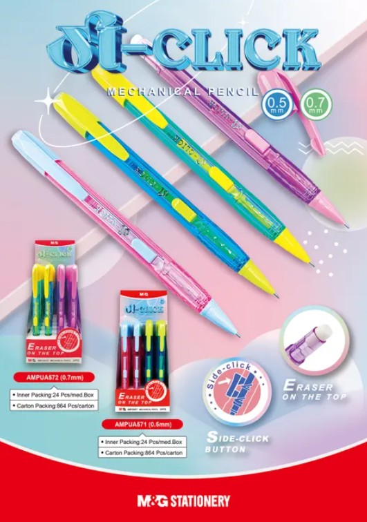 M&G Chenguang Ji-Click Mechanical Pencil 0.7mm – Side Click Retractable Pencil with Top Eraser - 1pcs - No:AMPUA572