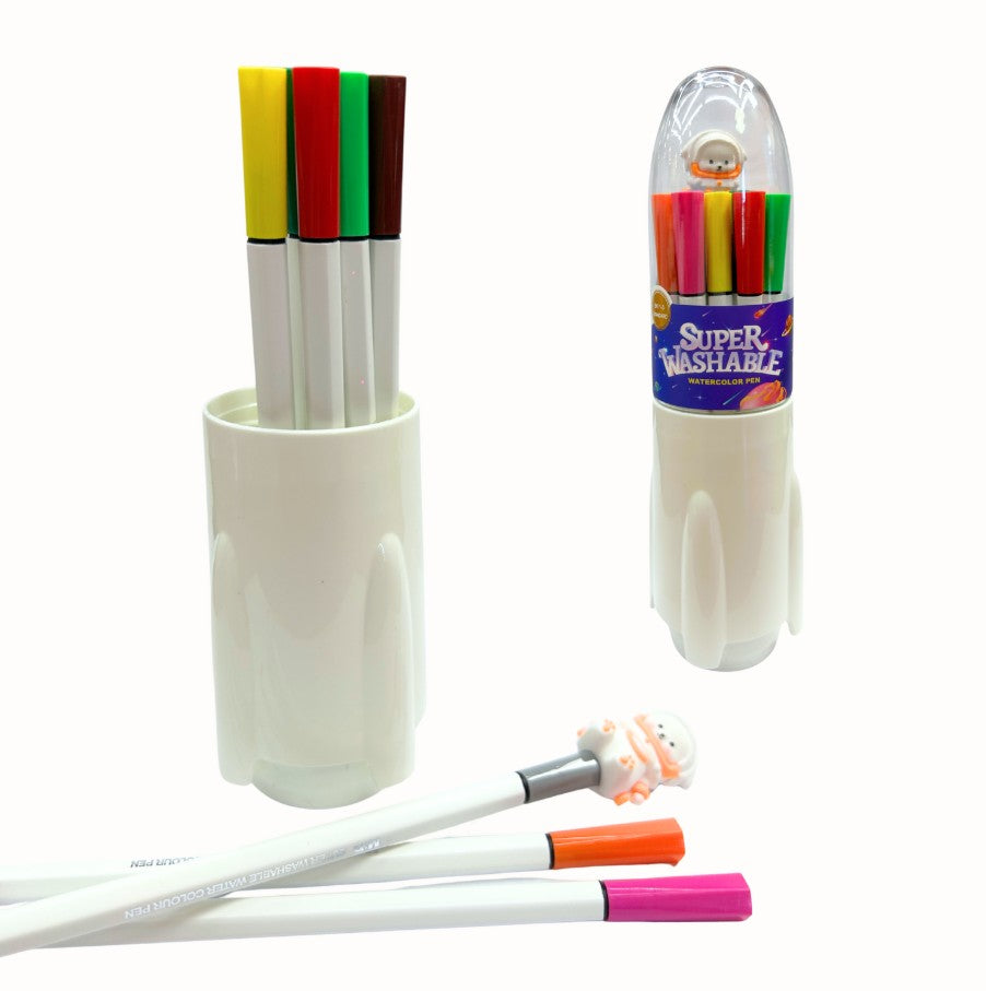 M&G Chenguang Super Washable Watercolor Pens in Rocket Case – 12 Colors – EN71-3 Certified – Safe & Easy to Wash - No:ACP901KT
