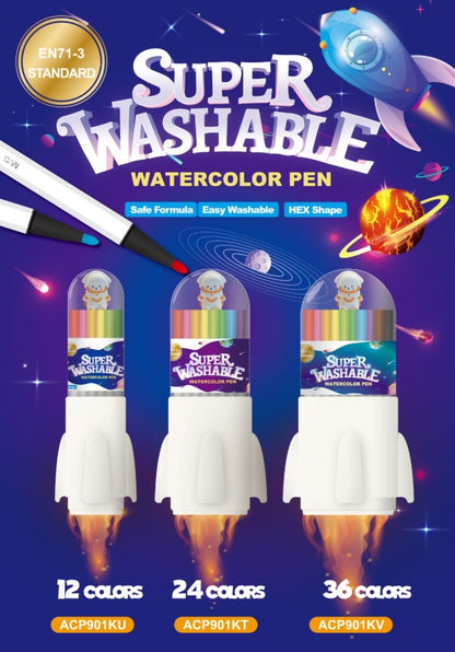 M&G Chenguang Super Washable Watercolor Pens in Rocket Case – 12 Colors – EN71-3 Certified – Safe & Easy to Wash - No:ACP901KT