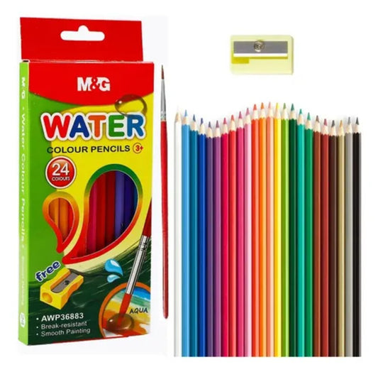 M&G Chenguang Watercolor Colored Pencils Set – 24 Colors with Paint Brush & Sharpener - No: AWP36883