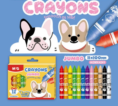 M&G Chenguang Puppy Party Jumbo Crayons – 12 Colors Jumbo Wax Crayon Set (11 × 100 mm) | Easy-Grip Coloring Crayons for Kids - No:AGMX4241