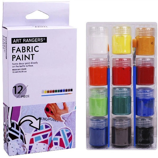 Art Rangers Fabric Paint Set – 12 Assorted Colors (15ml Each) with 2 Paint Brushes for T-Shirts, Shoes, Canvas & Textile Crafts - No: WX02.A12015-4