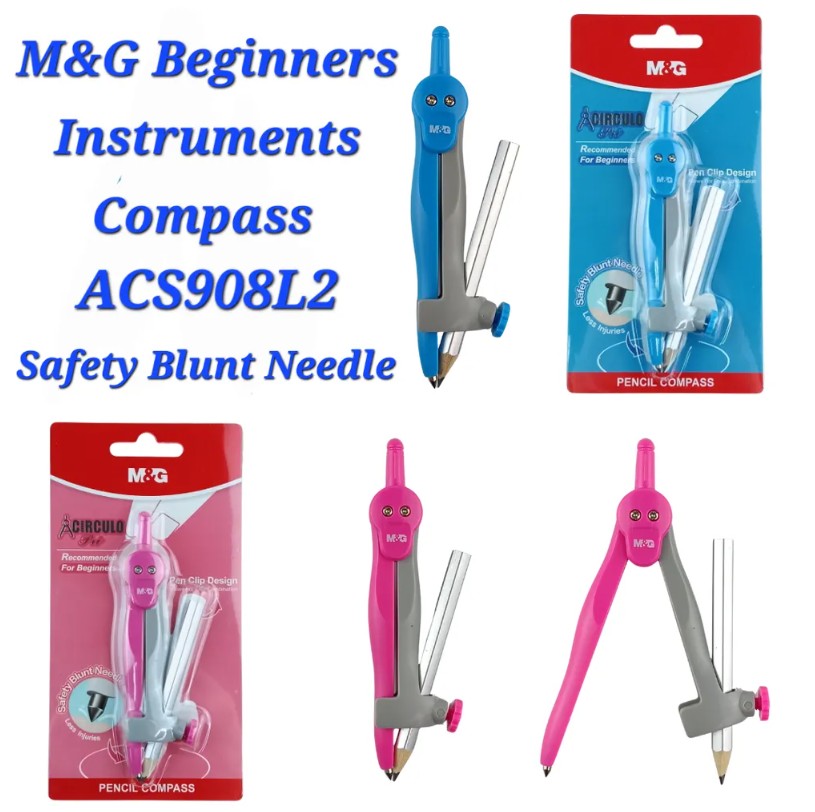 M&G Chenguang Beginner Pencil Compass  – Safety Blunt Needle Geometry Compass with Pencil Holder for Students - 1pcs - No: ACS908L2