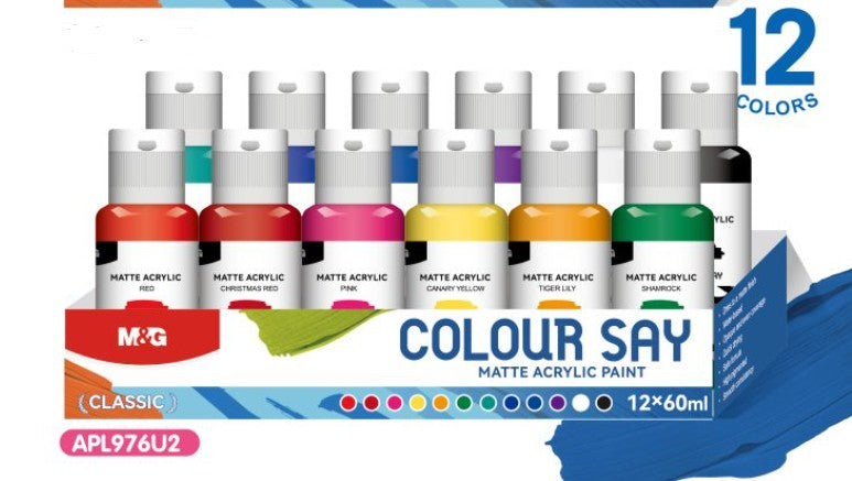 M&G Chenguang Colour Say Matte Acrylic Paint Set – 12 Classic Colors × 60ml | Rich Pigment | Fast Drying | Multi-Surface Acrylic Paint for Canvas, Wood, Paper & Crafts - No: APL976U12