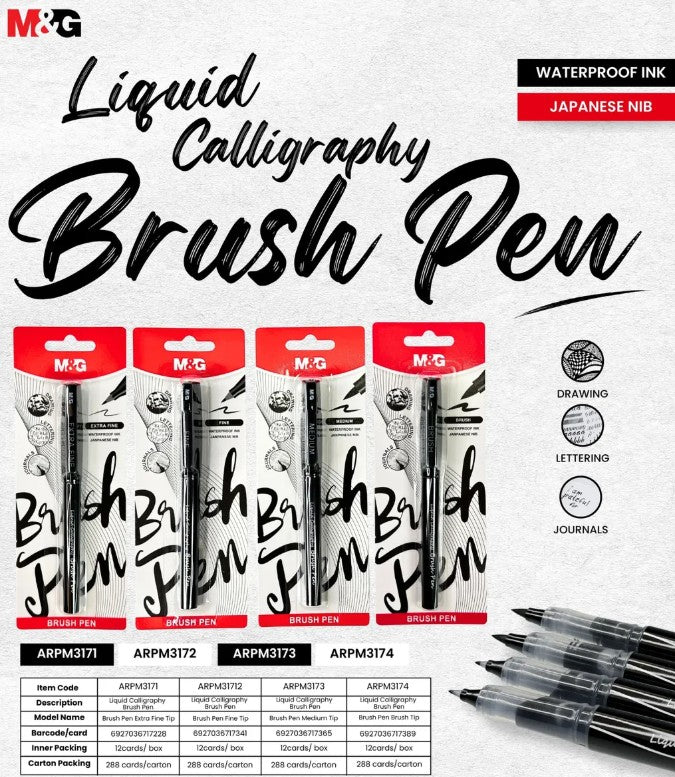 M&G Chenguang Extra Fine Brush Pen – Waterproof Liquid Calligraphy Pen with Japanese Nib | Black - No: ARPM3171