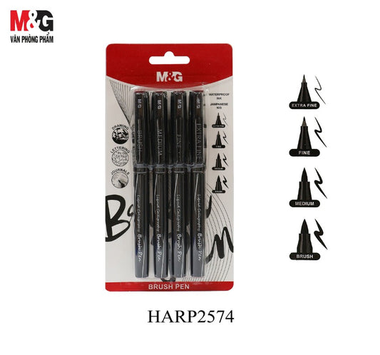 M&G Chenguang Professional Calligraphy Brush Pen Set – 4 Black Pens (Extra Fine, Fine, Medium & Brush Tips) | Waterproof Ink - No: HARP2574