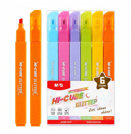 M&G Chenguang HI-CUBE Glitter Highlighter Set – 6 Vibrant Glitter Colors | Soft Chisel Tip - No:AHMU1679