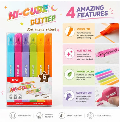 M&G Chenguang HI-CUBE Glitter Highlighter Set – 6 Vibrant Glitter Colors | Soft Chisel Tip - No:AHMU1679