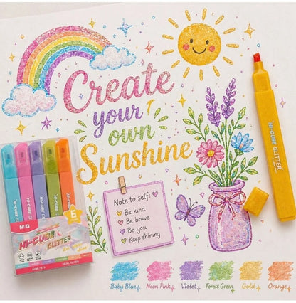 M&G Chenguang HI-CUBE Glitter Highlighter Set – 6 Vibrant Glitter Colors | Soft Chisel Tip - No:AHMU1679
