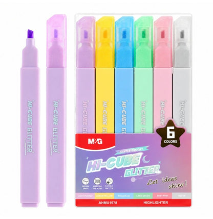 M&G Chenguang HI-CUBE Glitter Highlighter Set – 6 Vibrant Glitter Colors | Soft Chisel Tip - No:AHMU1678