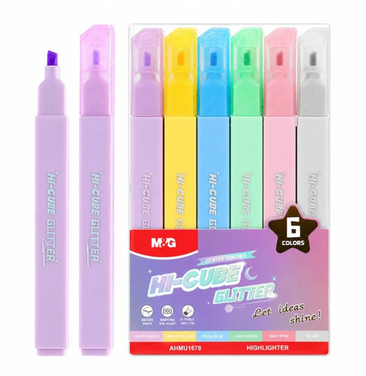 M&G Chenguang HI-CUBE Glitter Highlighter Set – 6 Vibrant Glitter Colors | Soft Chisel Tip - No:AHMU1678