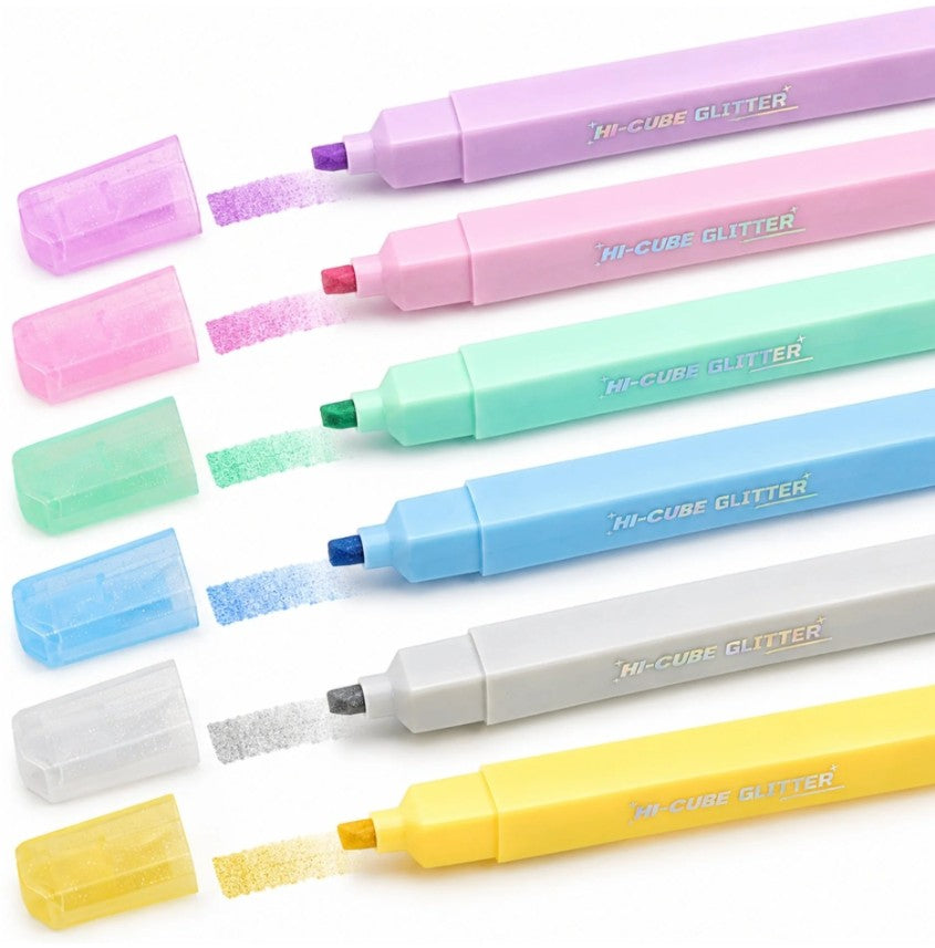 M&G Chenguang HI-CUBE Glitter Highlighter Set – 6 Vibrant Glitter Colors | Soft Chisel Tip - No:AHMU1678