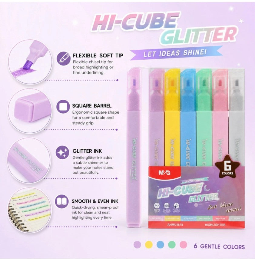 M&G Chenguang HI-CUBE Glitter Highlighter Set – 6 Vibrant Glitter Colors | Soft Chisel Tip - No:AHMU1678