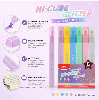 M&G Chenguang HI-CUBE Glitter Highlighter Set – 6 Vibrant Glitter Colors | Soft Chisel Tip - No:AHMU1678