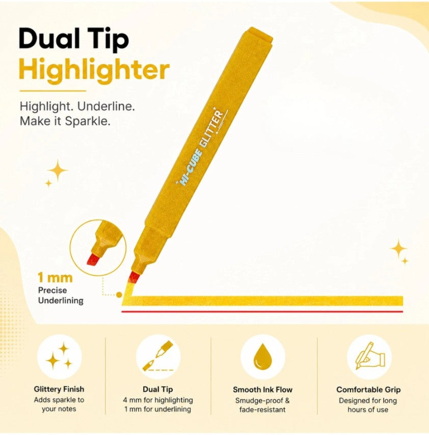 M&G Chenguang HI-CUBE Glitter Highlighter Set – 6 Vibrant Glitter Colors | Soft Chisel Tip - No:AHMU1678