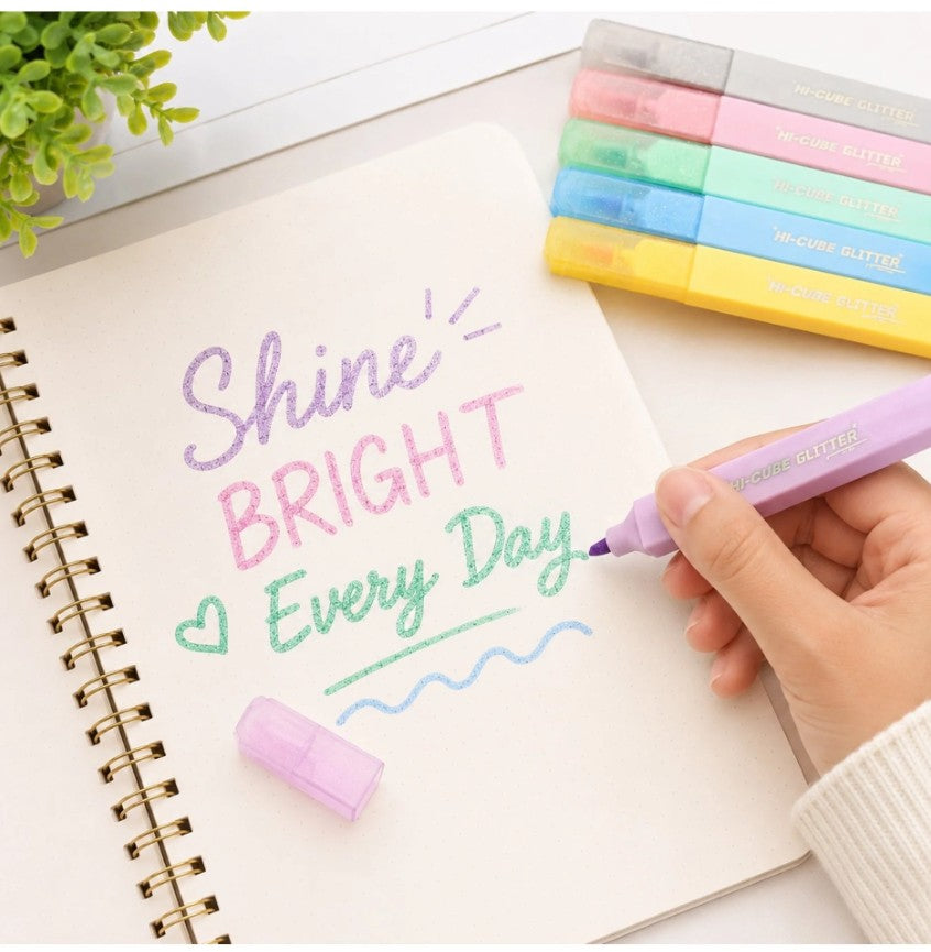 M&G Chenguang HI-CUBE Glitter Highlighter Set – 6 Vibrant Glitter Colors | Soft Chisel Tip - No:AHMU1678