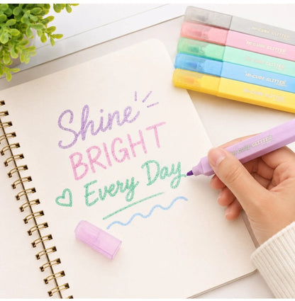M&G Chenguang HI-CUBE Glitter Highlighter Set – 6 Vibrant Glitter Colors | Soft Chisel Tip - No:AHMU1678