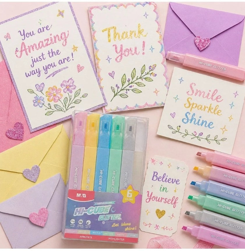 M&G Chenguang HI-CUBE Glitter Highlighter Set – 6 Vibrant Glitter Colors | Soft Chisel Tip - No:AHMU1678