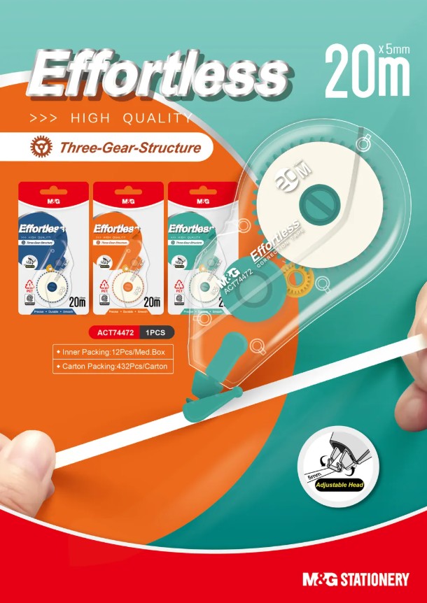 M&G Chenguang Effortless Correction Tape – 20m x 5mm PET Correction Tape, Three-Gear Structure, Smooth & Instant Dry - 1pcs - No: ACT74472