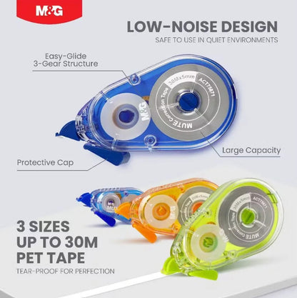 M&G Chenguang Mute Correction Tape 20m x 5mm – Silent PET Instant Dry Correction Tape, Smooth & Precise - 1pcs - No: ACT75771