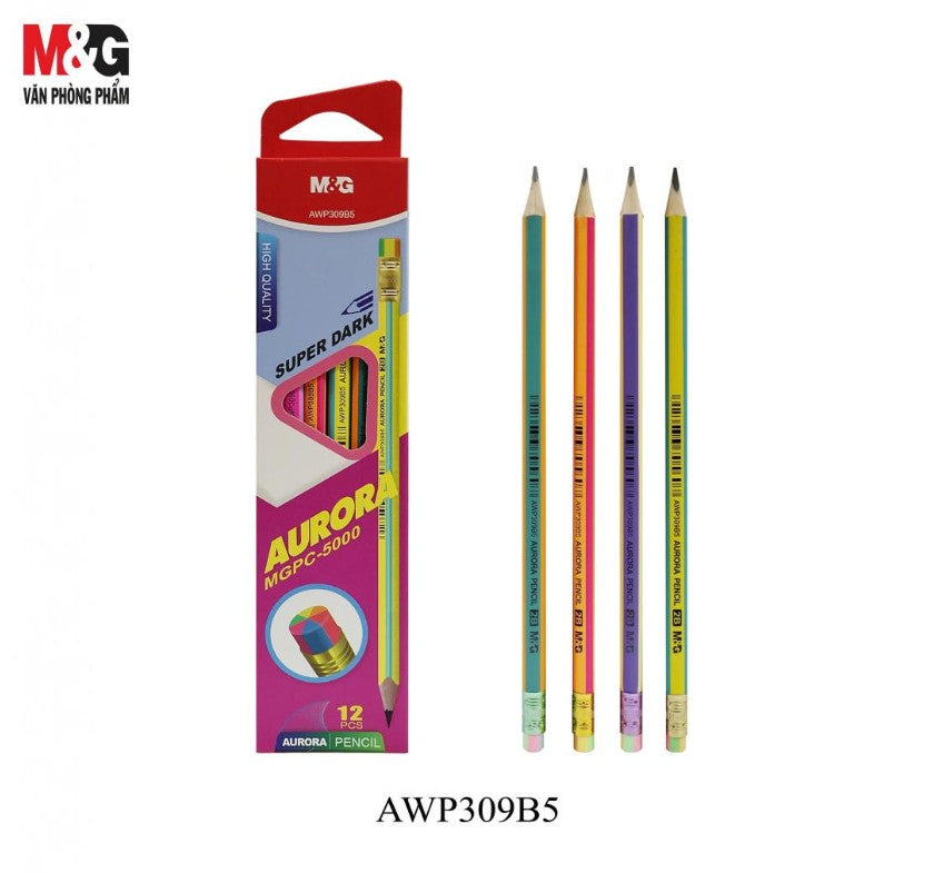 M&G Chenguang Aurora 2B Wooden Pencils with Eraser – Super Dark Hexagonal Graphite Pencils, Break-Resistant, Pack of 12 - No:AWP309B5