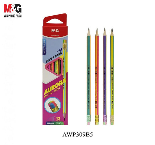 M&G Chenguang Aurora 2B Wooden Pencils with Eraser – Super Dark Hexagonal Graphite Pencils, Break-Resistant, Pack of 12 - No:AWP309B5